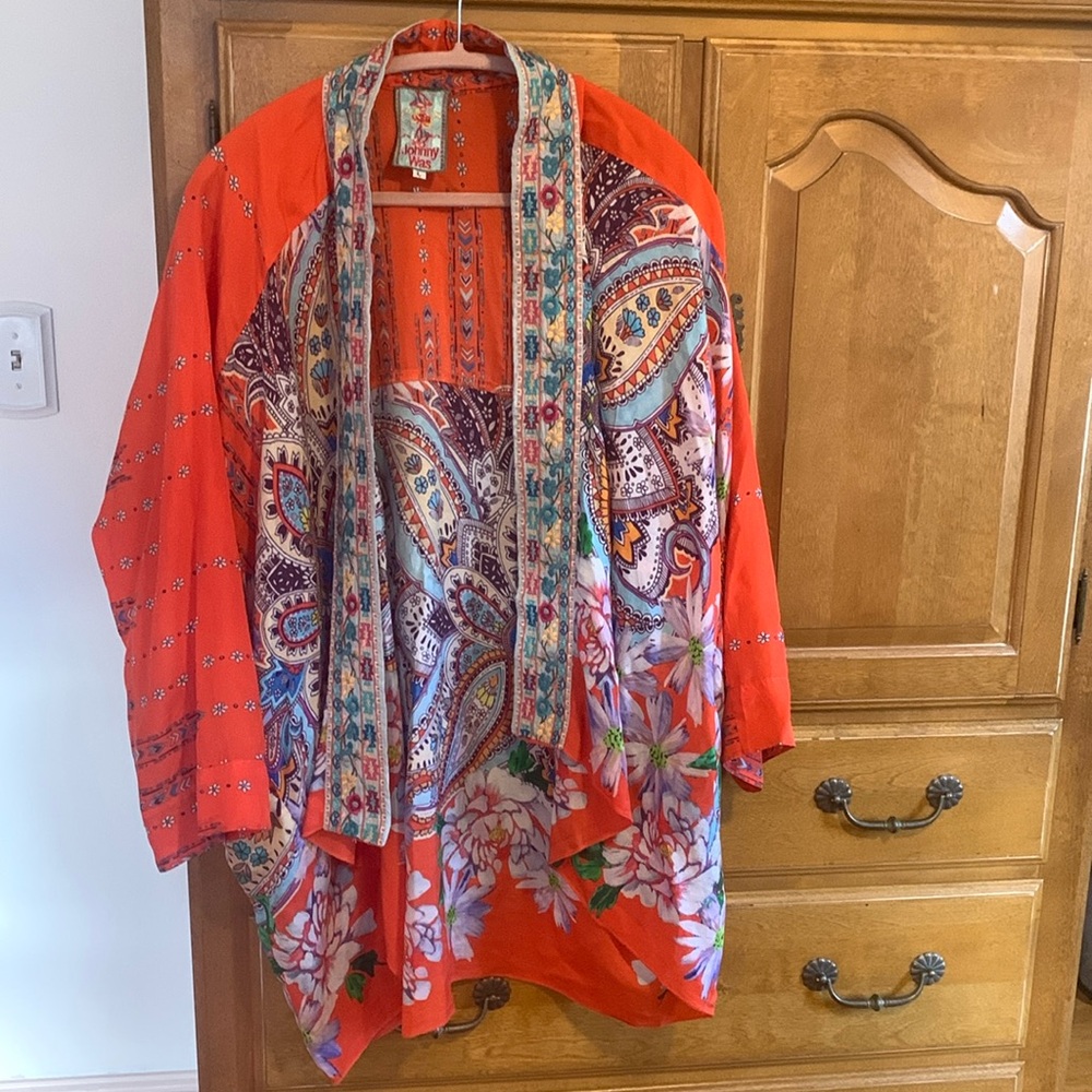 Johnny Was Red Orange Paisley Floral Kimono Jacket